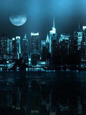 蓝色的城市景观月亮移动壁纸