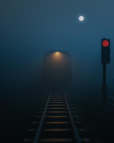 月色迷雾中行驶而来的火车