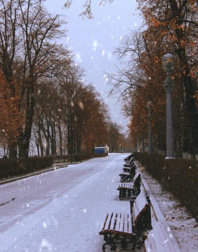 下雪天无人的街边和满地雪花