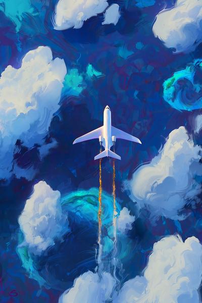 冲上云霄的飞机蓝天白云绘画图片