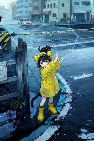 穿黄色雨衣带着小黑猫的超萌女孩