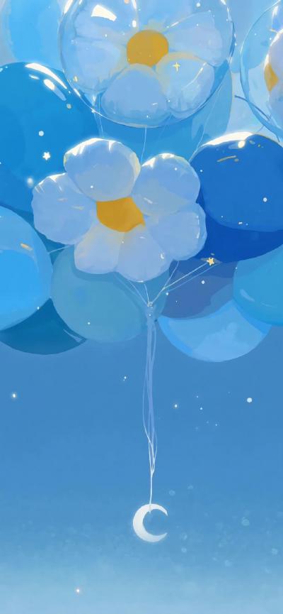 手绘蓝色花朵气球月亮图片