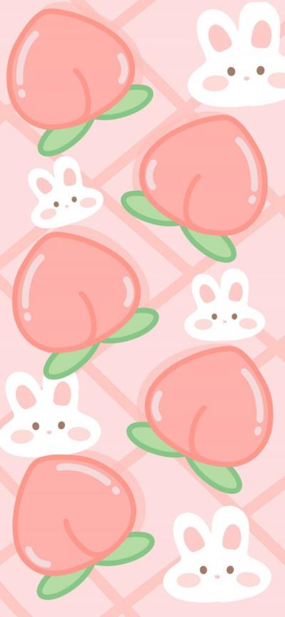 小兔子和粉色桃子手繪壁紙
