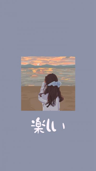 动漫女孩在海边看夕阳紫色背景图