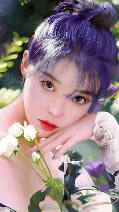韩国女星iu紫色头发照片
