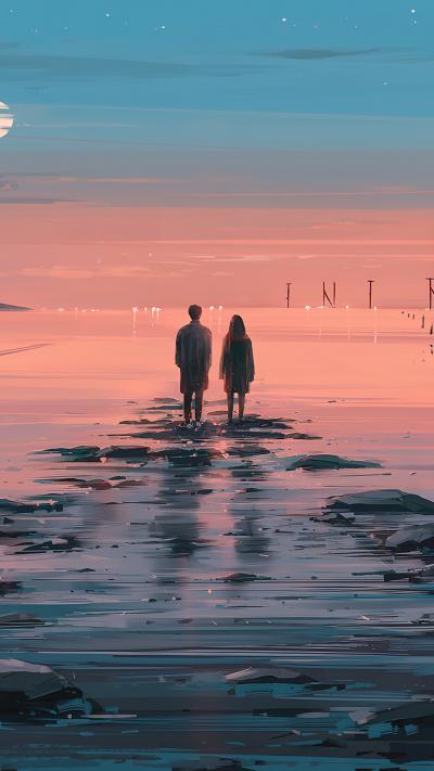 动漫情侣在海边看黄昏落日