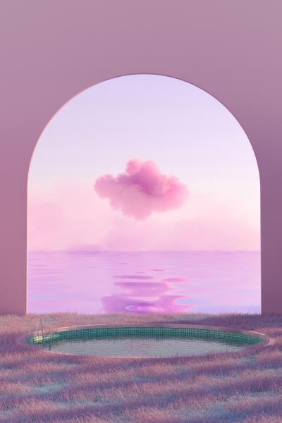 粉色系云朵大海泳池背景图