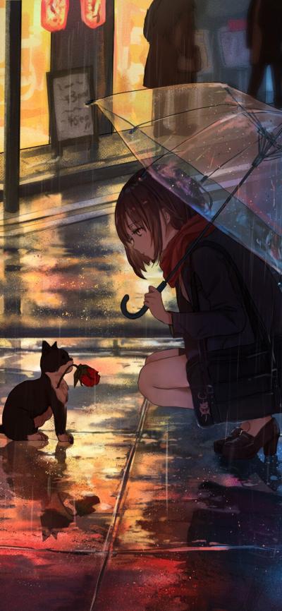 咬着玫瑰花的猫咪和撑雨伞的少女