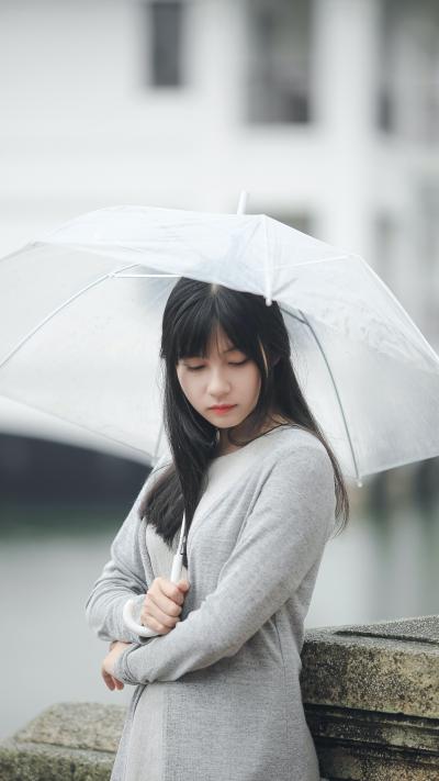撑着透明雨伞的甜美女孩图片