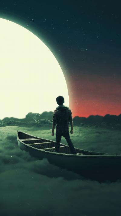 在云层上坐船驶向月亮的男孩